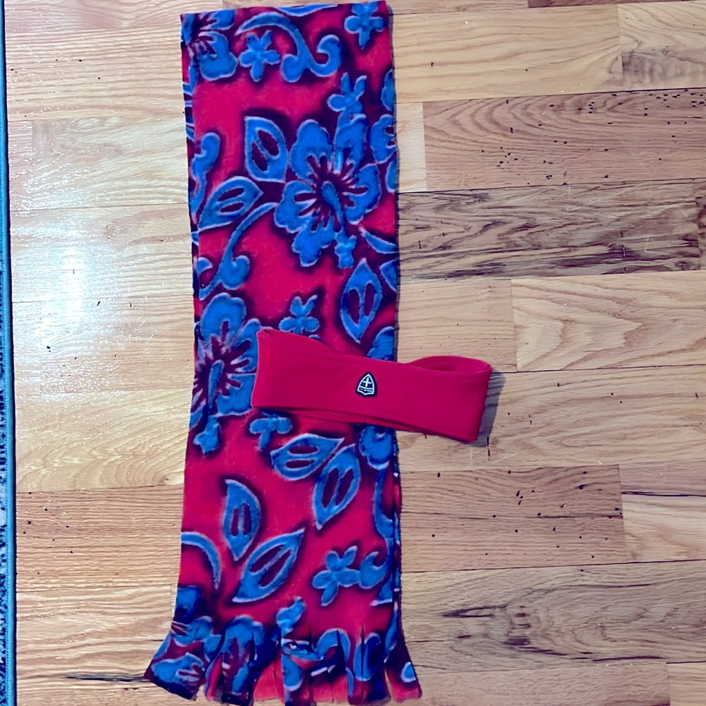Red Polo ear warmers with color coordinated fringed scarf